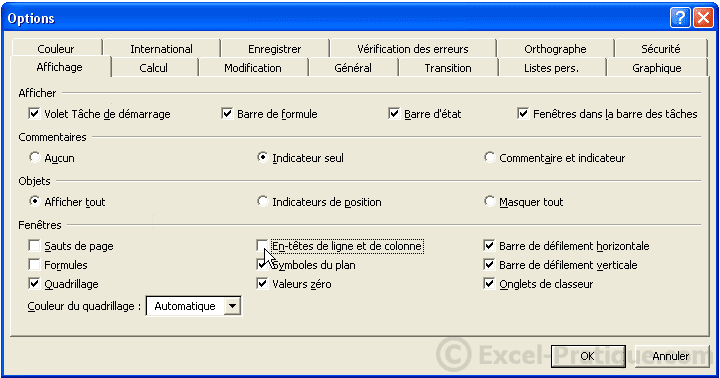 2 - masquer les entetes