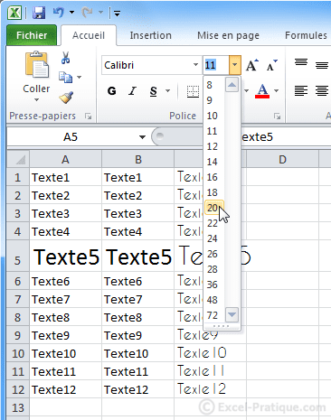 changer taille caracteres - excel bases2
