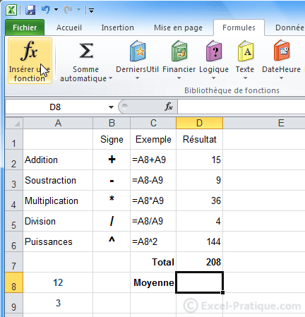 insertion fonction - excel formules calculs fonctions