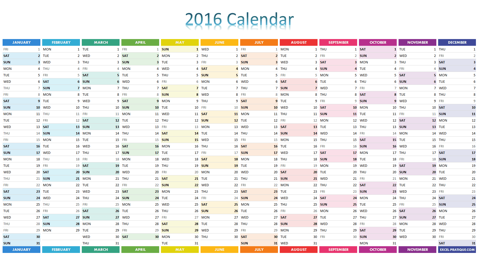 excel calendar 2016