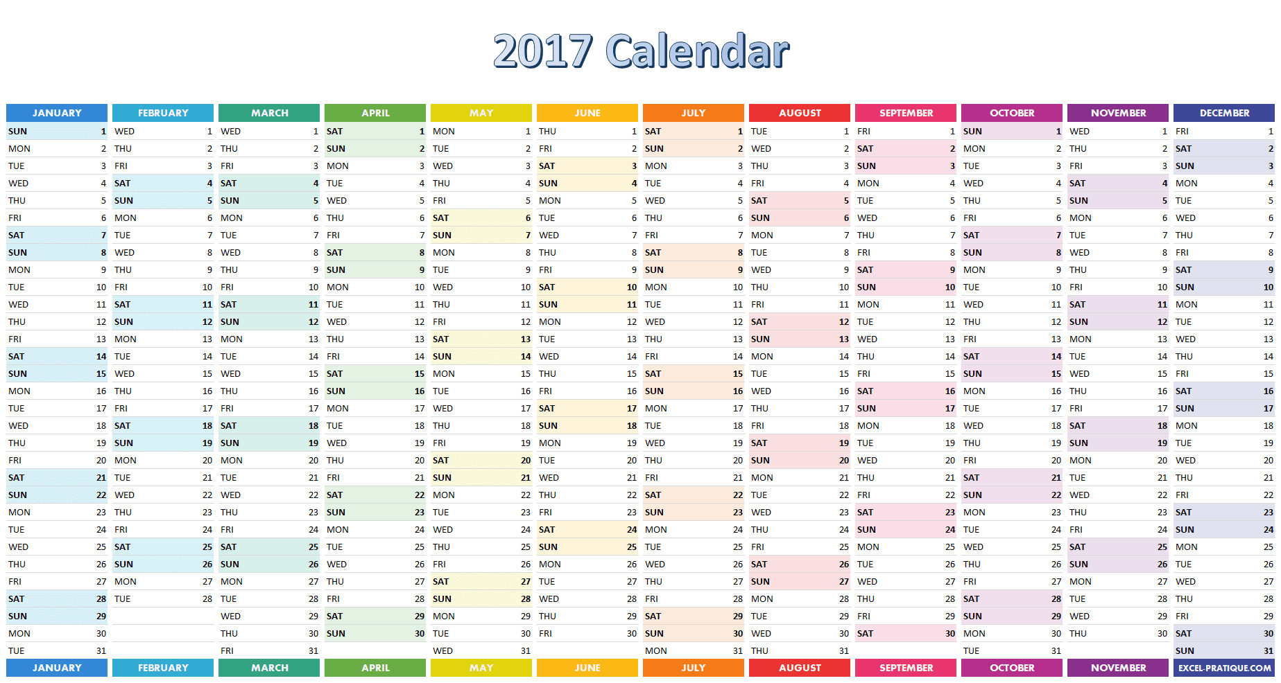 2017 calendar excel