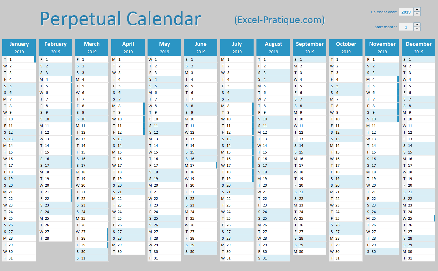 excel perpetual calendar year
