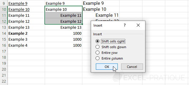 excel insert cells shift choice manipulations 5
