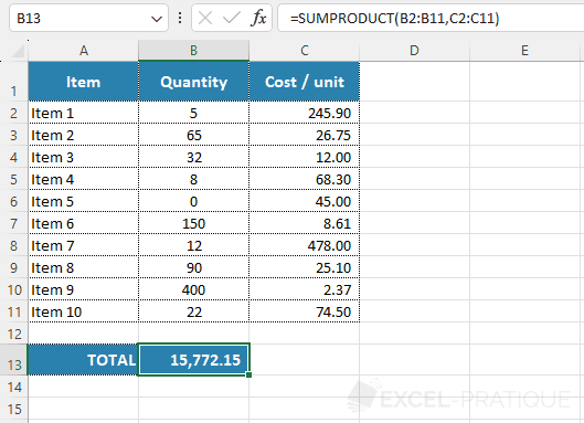 excel function sumproduct total sum