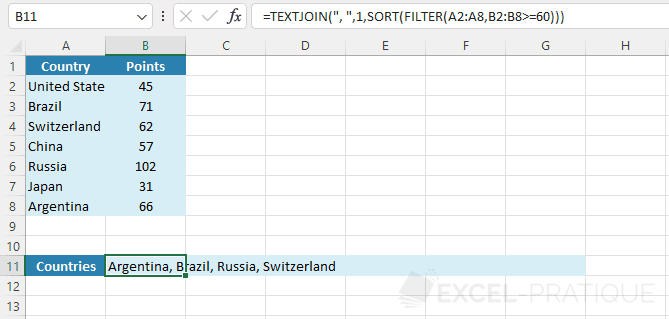 excel function textjoin filter sort