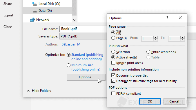 excel options save pdf as
