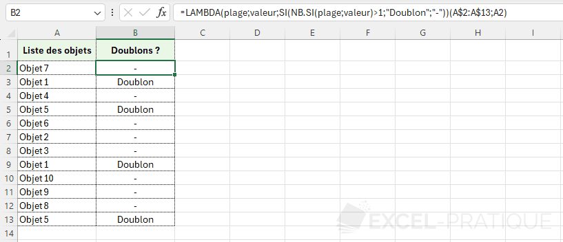excel nb si doublons lambda fonction personnalisee