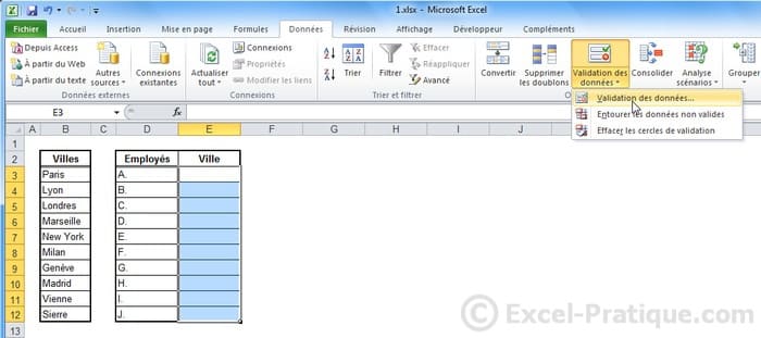 Cours Excel : listes déroulantes "validation"