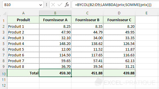 excel fonctions bycol lambda somme
