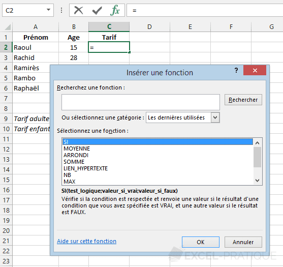 fonction excel si insertion