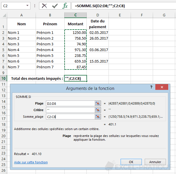 fonction excel somme si paye png