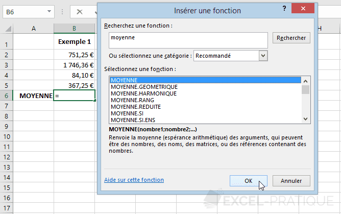 excel inserer fonction moyenne fonctions