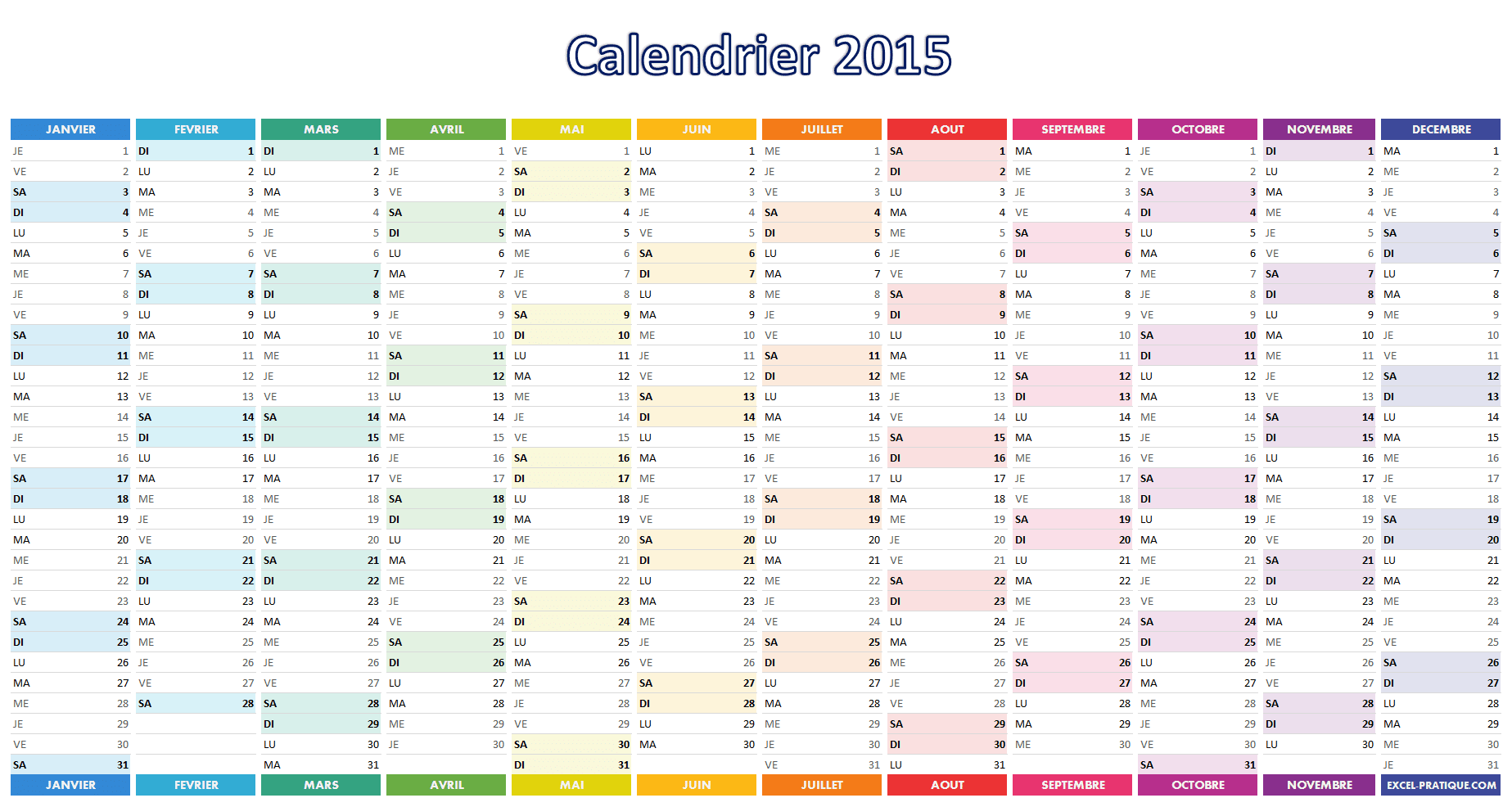 calendrier excel 2015