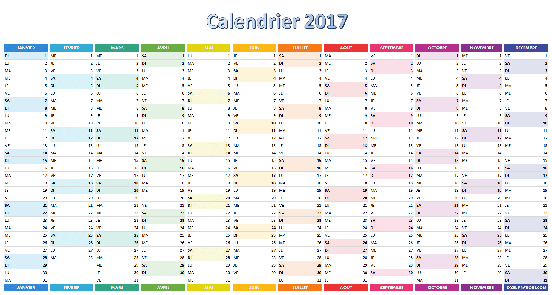 calendrier 2017 excel