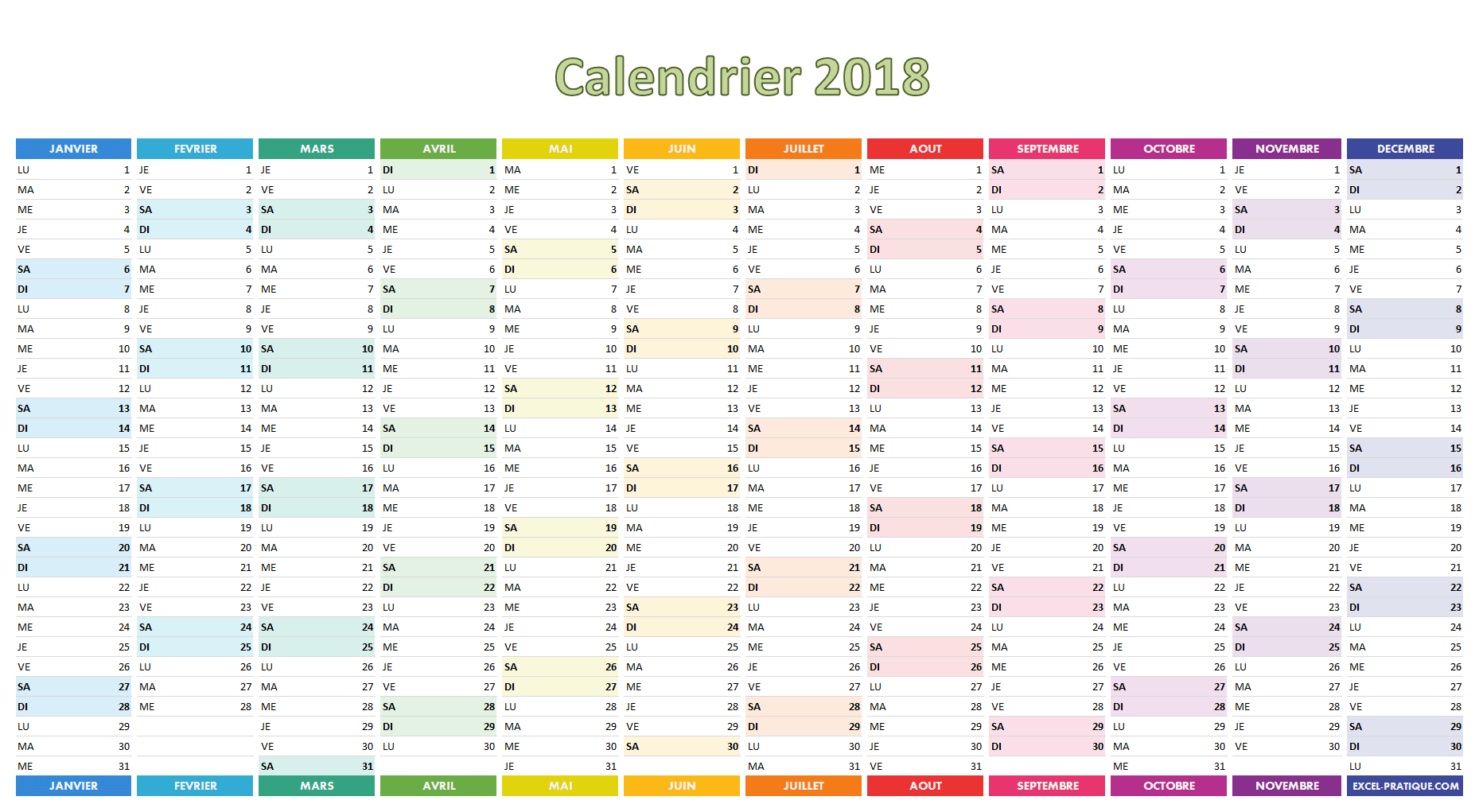 calendrier 2018 excel
