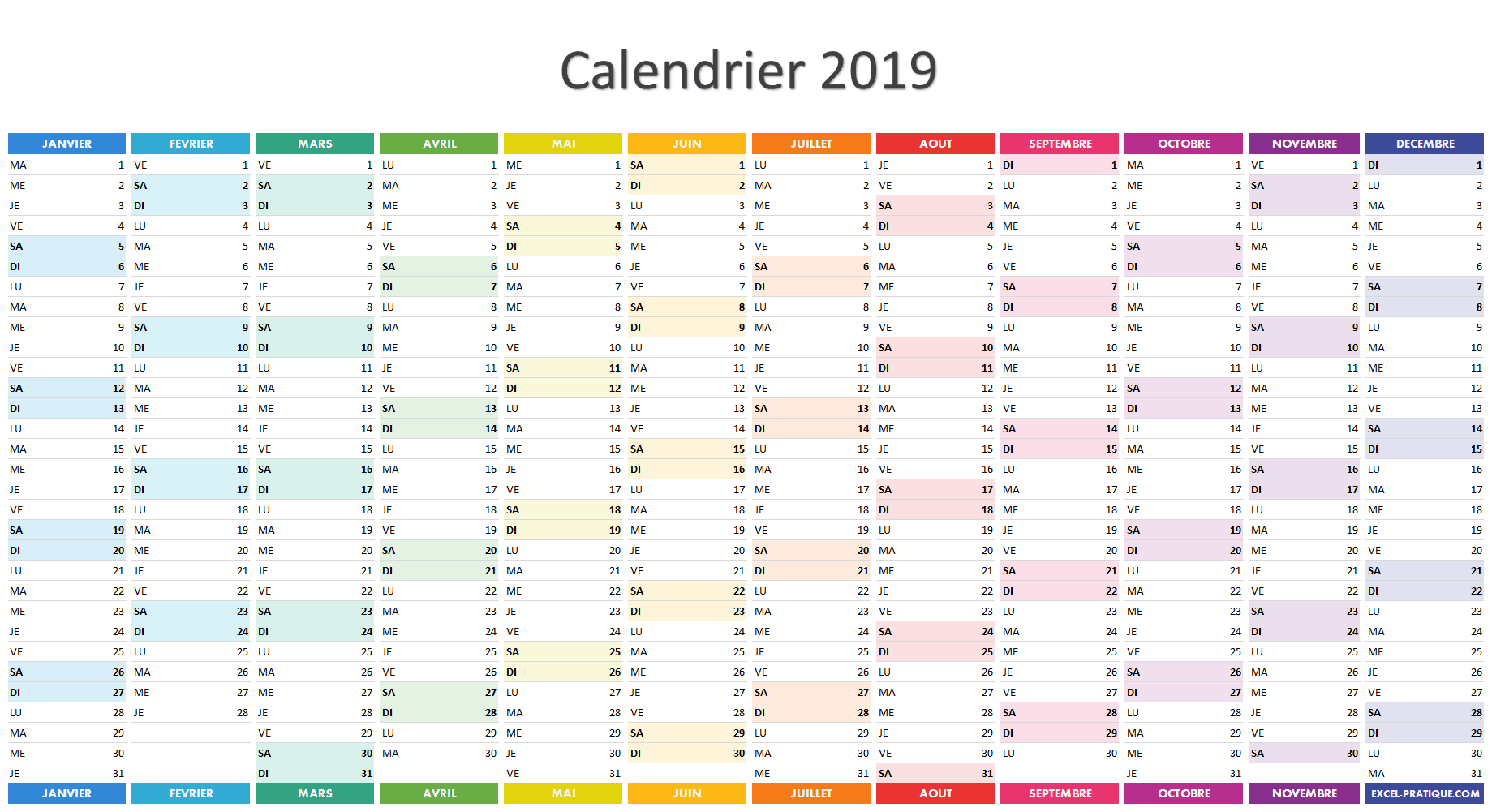 calendrier 2019 simple excel
