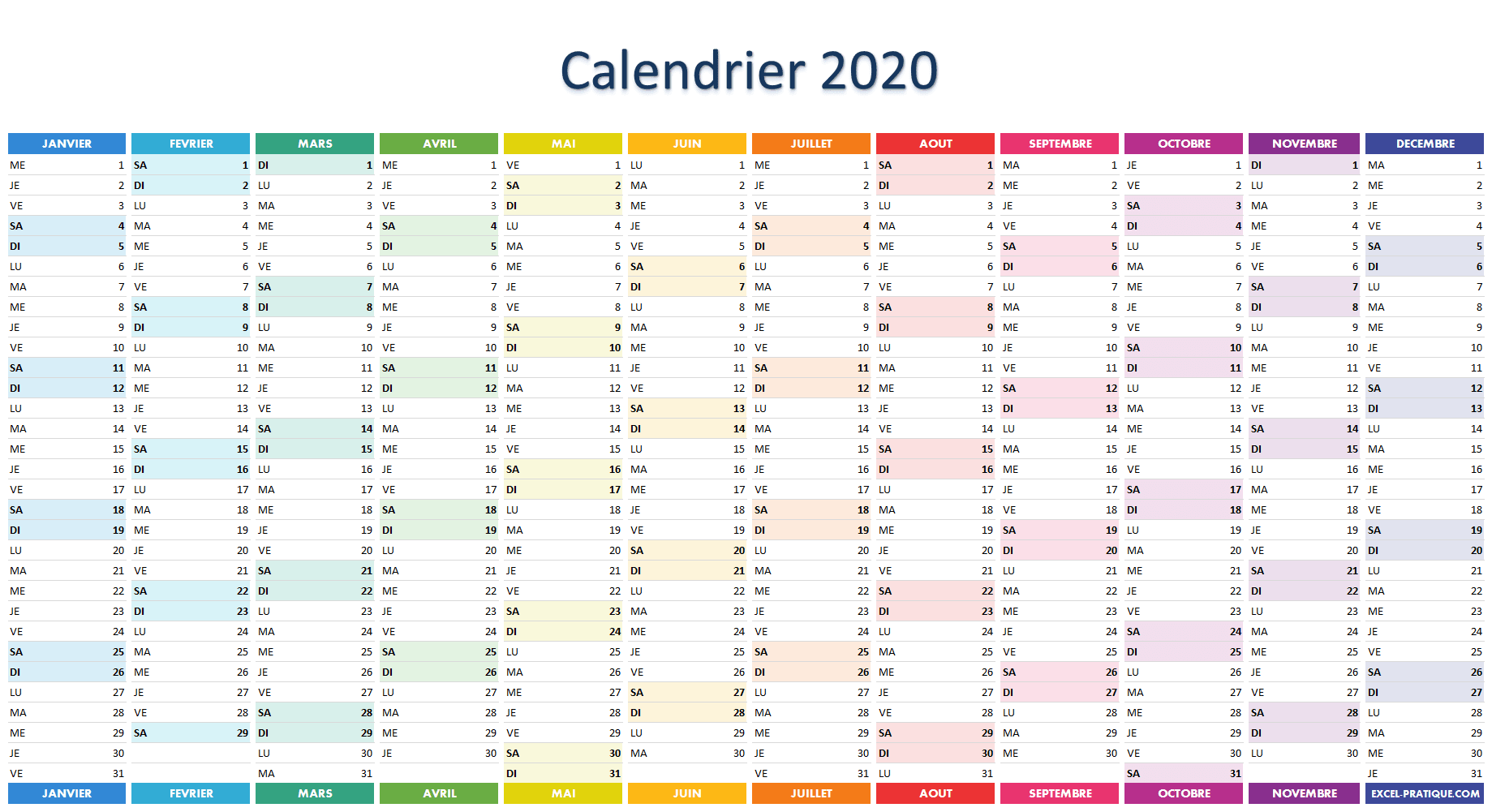 excel calendrier excel 2020