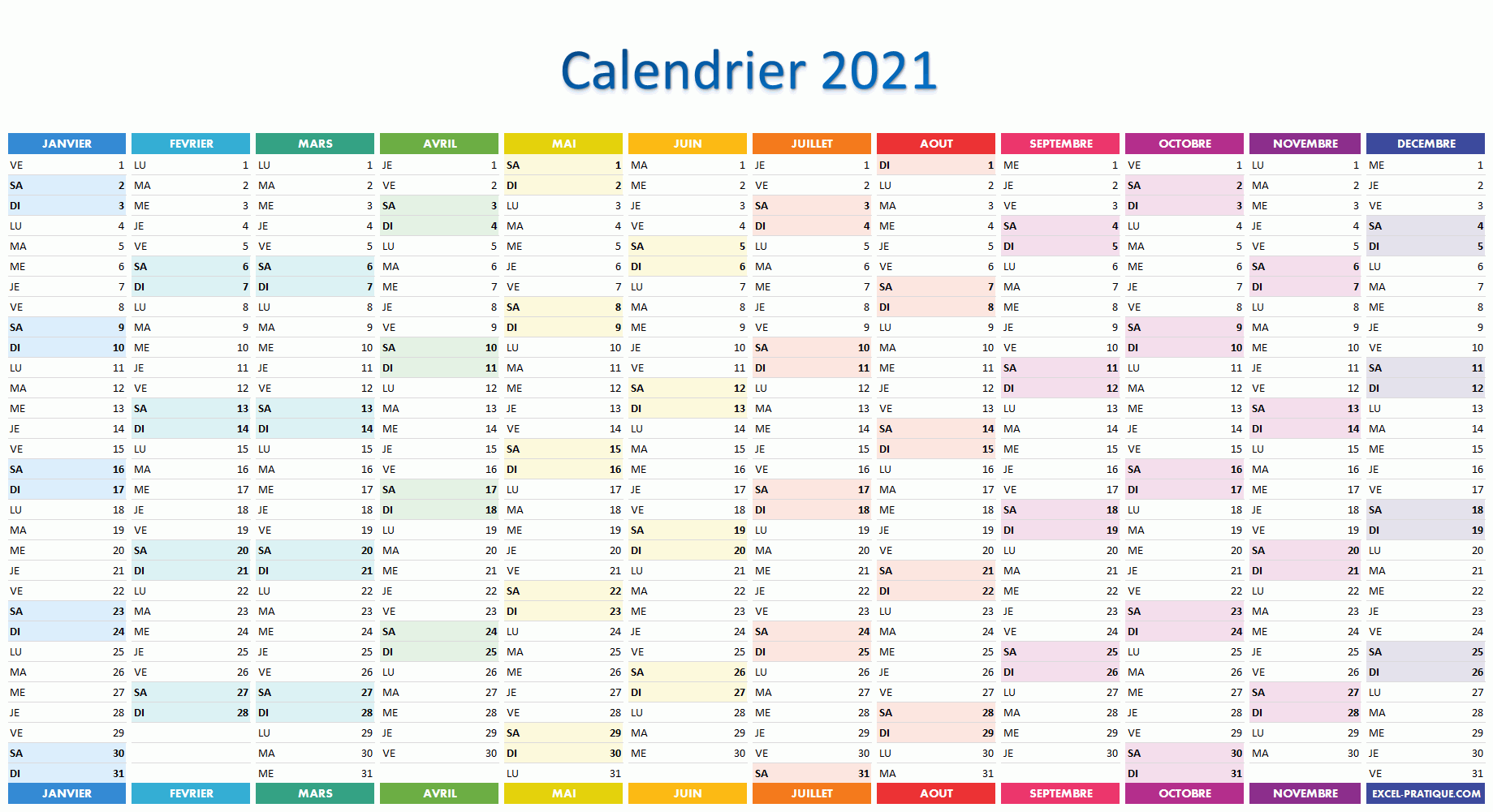 calendrier excel 2021
