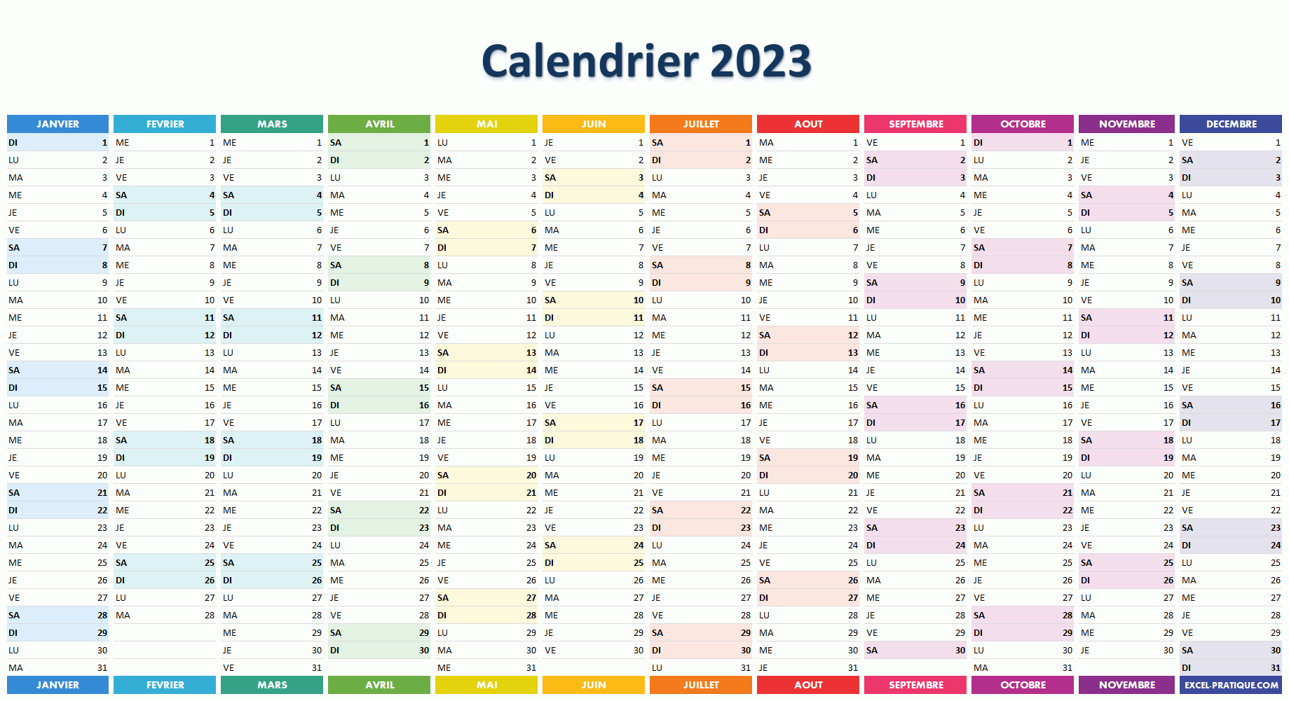 calendrier excel 2023