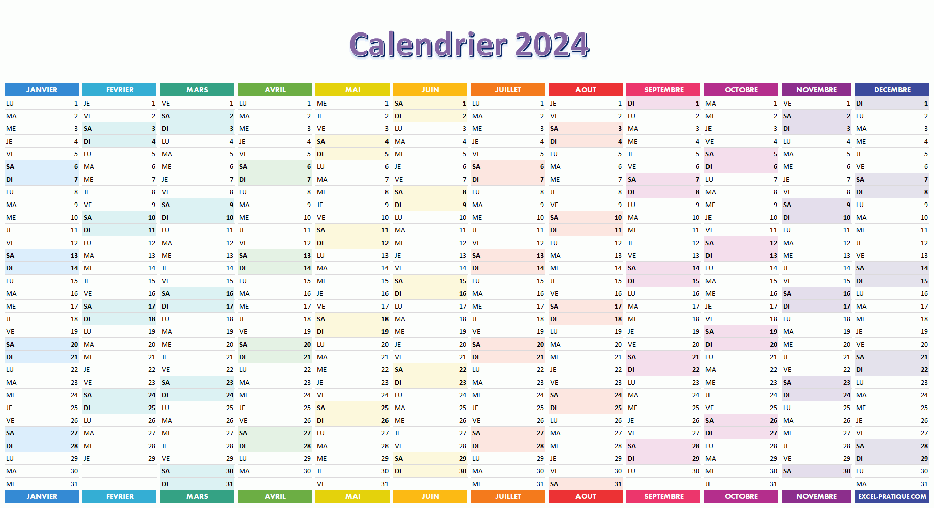 Calendrier Excel gratuit semaine pour l'année 2024 – Espritacademique